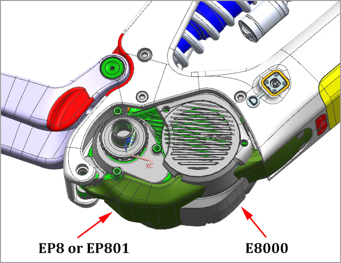 Kryt motoru EP8 vs E8000 na rámu LCES801